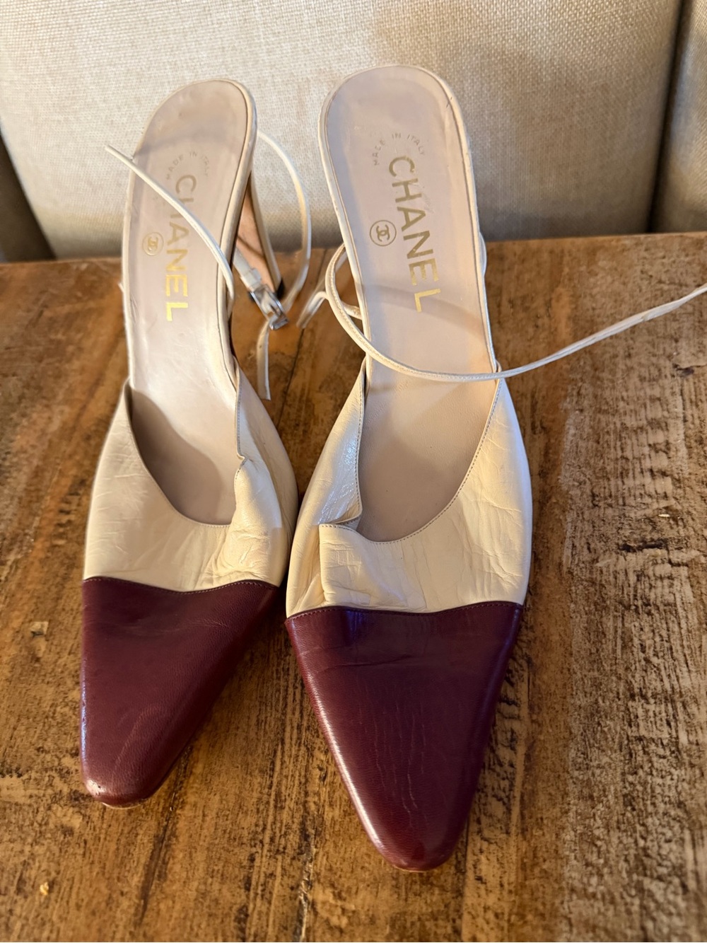 CHANEL Two-Tone Pointed Toe Slingback Pumps in Cream and Burgundy
